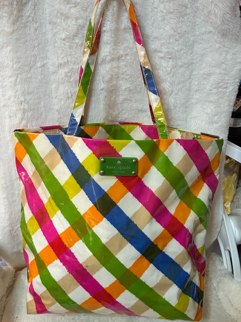 kate spade Multicolor story Plaid Patent Tote - Pink Blue Green Orange Tan